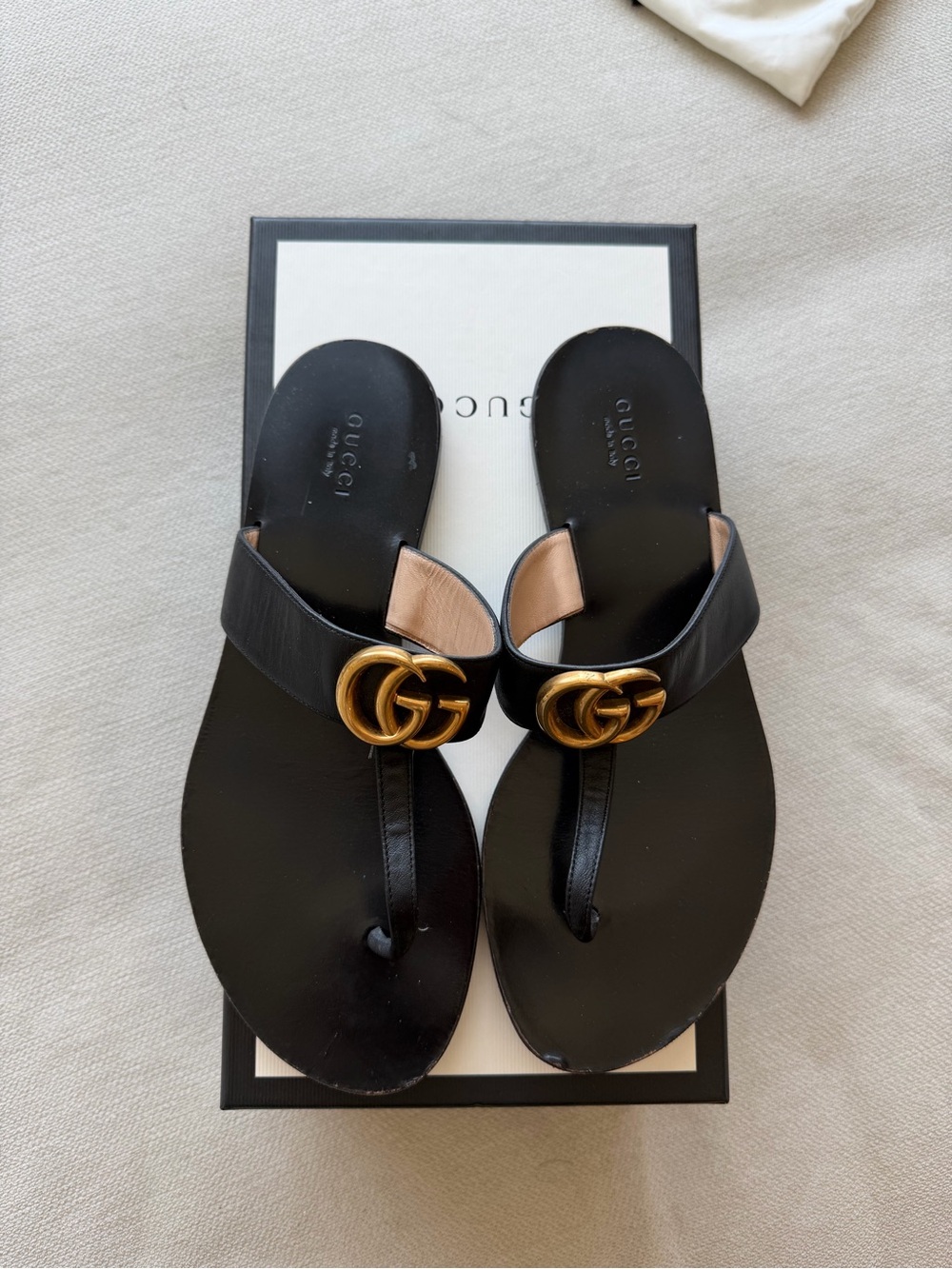 Gucci Black Leather GG Marmont Thong Sandals with Gold Hardware
